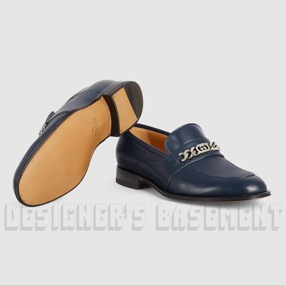 Gucci 8 blue Agata lambskin Leather Interlocking G chain detail Loafer Shoes NIB - Picture 6 of 8